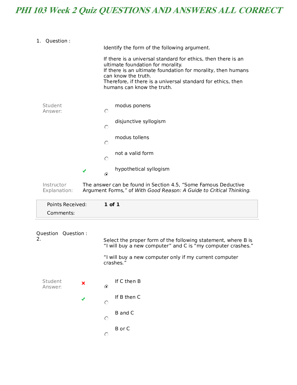Preview of PHI 103 Week 2 Quiz QUESTIONS AND ANSWERS ALL CORRECT